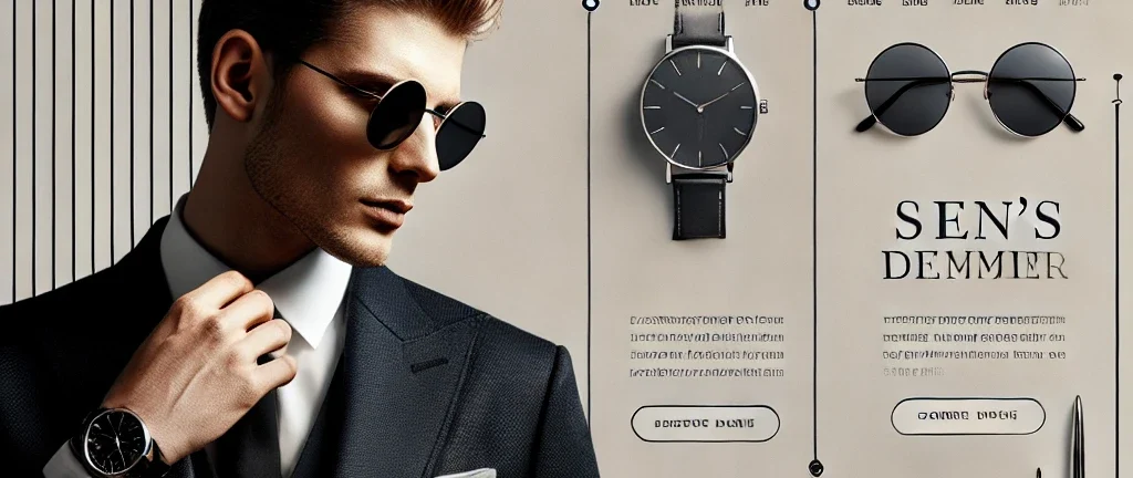 DALL·E 2024-12-29 17.32.06 - A stylish website banner designed for a men's clothing brand, featuring elegant suits, casual wear, and accessories like ties and watches. The design